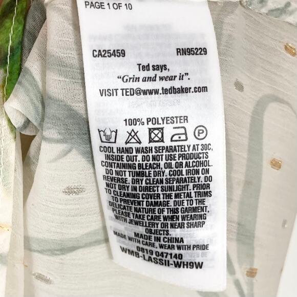 NWOT TED BAKER Top 1/4 Ivory Chiffon Hummingbird Gold Silver Swiss-Dot Long-Slv - Picture 8 of 13